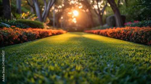 A macro shot of a perfectly manicured lawn highlighted by a perfectly symmetrical arrangement of ornamental trees and sculpted bushes creating a stunning visual effect against