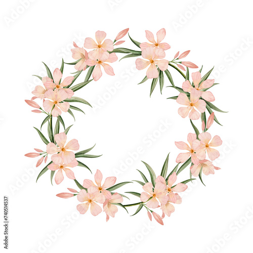 Fototapeta Naklejka Na Ścianę i Meble -  Pastel pink floral round wreath frame watercolor floral illustration isolated on white background with oleander pale peach flowers and leaves. Botanical summer drawing for stickers