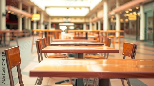 Background image of empty food court interior with wooden tables and warm cozy light setting, copy space : Generative AI