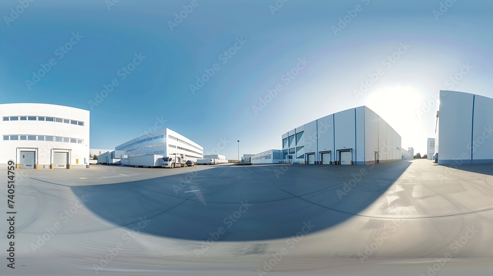 Seamless full spherical 360 degree panorama in equirectangular projection of outdoor industrial area with white buildings aphalt parking at sunny summer day : Generative AI