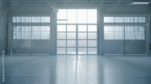 empty light parking garage, warehouse interior with large white gates walls and windows inside : Generative AI