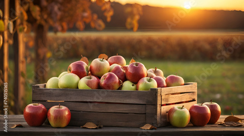 Apples in an old wooden crate on tree High angle view of apples in crate on wooden table Lithuania A box full of ripe green juicy apples stands on the grass. Harvesting  generative ai