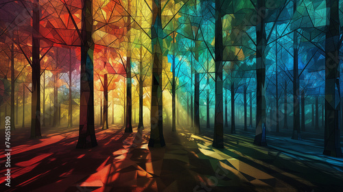 A forest of transparent, crystalline geometric trees, with light casting colorful shadows.