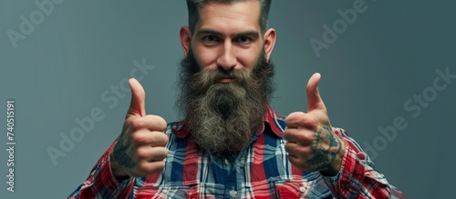 With his chin held high, the bearded man in a tartan shirt is enthusiastically giving two thumbs up in a gesture of approval