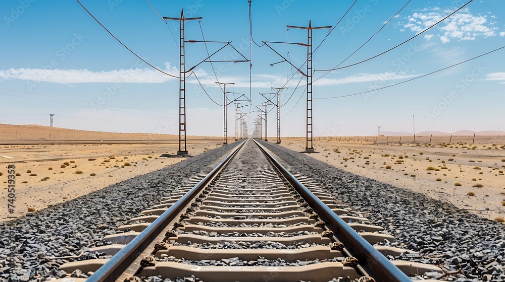 Infrastructure development project with laying of railway tracks equipped with overhead electric poles in parallel to high powered supply lines in dry terrain during summertime : Generative AI
