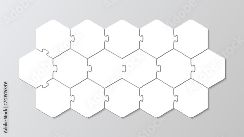 Hexagon puzzle infographics with 16 pieces. Jigsaw business chain infographic. Process diagram with steps, parts. Business presentation info graphic. Puzzle hexagonal grid. Vector illustration