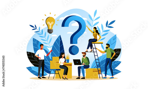 FAQs, often asked questions, problem-solving advice, solution or q&a sessions, and businesspeople with question marks and lightbulb bubbles are examples of Q&A formats.