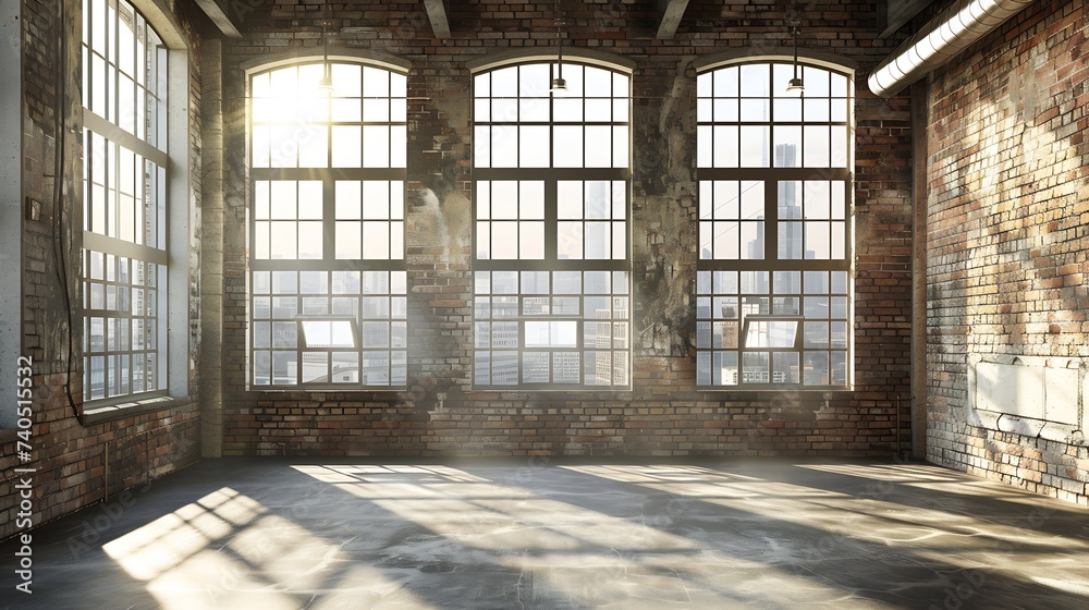 Empty, loft industrial grunge interior. Old brick walls and big windows. Interior concept background .3d Render : Generative AI Empty, loft industrial grunge interior. Old brick walls and big windows. Interior concept background .3d Render : Generative AI