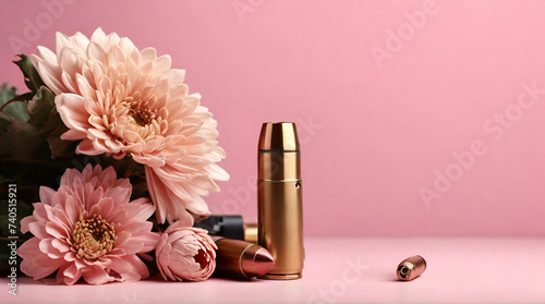 Bullet cartridge cases and beautiful chrysanthemum flowers on yellow background, space for text  generative ai  
