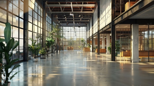 Industrial building warehouse interior with polished concrete floor and style transparent glass roof top. 3d rendering : Generative AI photo