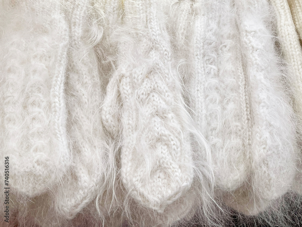 Down knitted mittens in white