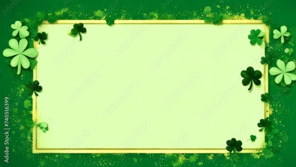 A postcard with a clover and a green frame, inside which there is a free space.