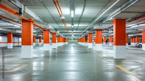 Empty shopping mall underground parking lot or garage interior with concrete stripe painted columns : Generative AI © Generative AI