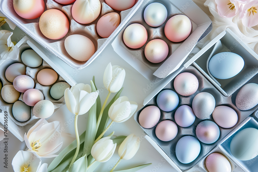 Top view of composition Easter eggs painted pastel colors in holder box and pink tulips Top view of composition Easter eggs painted pastel colors in holder box and pink tulips