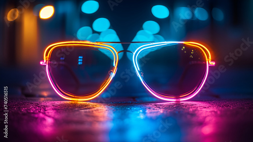 Neon colorful glowing party glasses isolated on black background, generative ai © Chaman