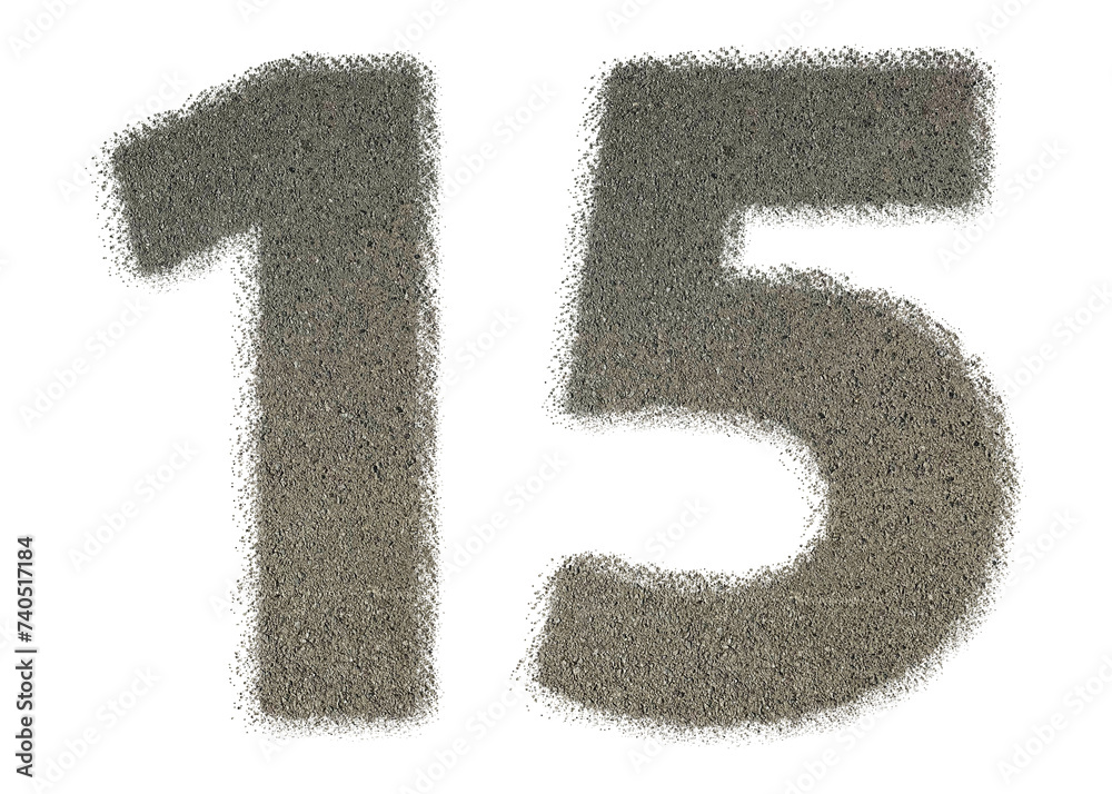 The shape of the number 15 is made of sand isolated on transparent background. Suitable for birthday, anniversary and Memorial Day templates The shape of the number 15 is made of sand isolated on transparent background. Suitable for birthday, anniversary and Memorial Day templates