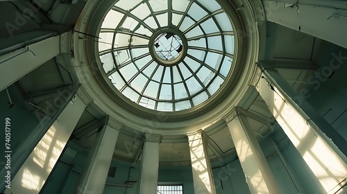 Beautiful glass roof inside the hall of an abandoned central office : Generative AI