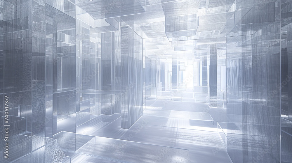 A three-dimensional maze of transparent geometrics, inviting exploration through light and reflections.