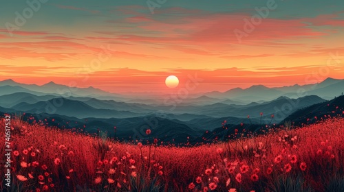 sunset in the mountains and field
