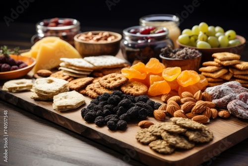  Close-up photography of a carefully curated selection of allergen-free snacks and treats arranged on a wooden board, perfect for an indulgent yet guilt-free snack time