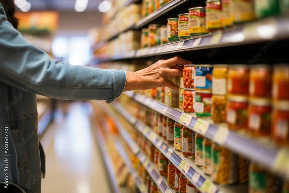 Photography of a man selecting low-sodium and heart-healthy options in the canned goods section, adhering to New Food Restrictions recommended by the FDA for managing dietary health