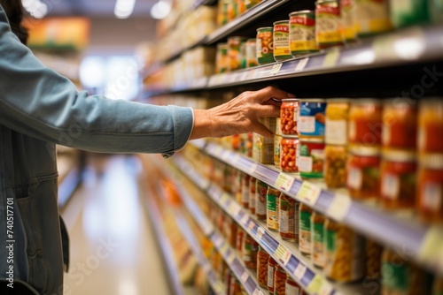 Photography of a man selecting low-sodium and heart-healthy options in the canned goods section, adhering to New Food Restrictions recommended by the FDA for managing dietary health