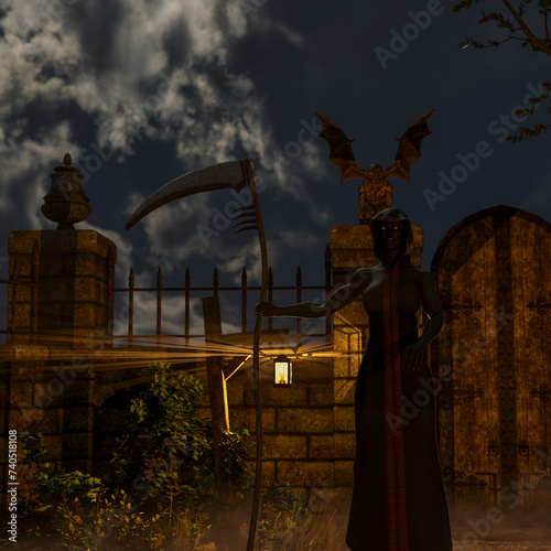 Demon of death in a spooky cemetery at night