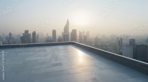 Panoramic Bangkok skyline view, concrete observatory deck on rooftop, daytime. Luxury Asian corporate and residential lifestyle. Financial city downtown, real estate. Product display m : Generative AI