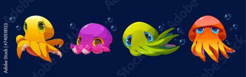 Set of octopus characters isolated on background. Vector cartoon illustration of yellow, purple, green, orange underwater creature with many tentacles and big eyes, water bubbles, sea animal mascot