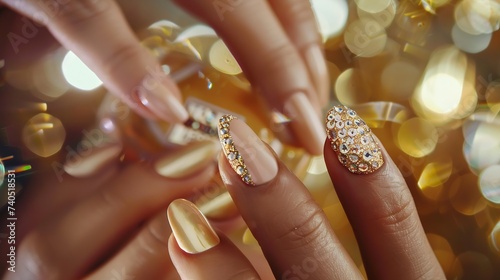 Golden Nail art manicure Holiday style bright Manicure with gems and sparkles Bottle of Nail Polish Fashion rings with diamonds Trendy Accessories Beauty hands Stylish Nails Nailpolish : Generative AI