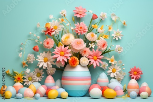  Illustration vibrant Easter decorations  including dyed eggs  ribbons  and flowers  arranged in a whimsical display  against a bright pastel background  perfect for festive Easter-themed projects