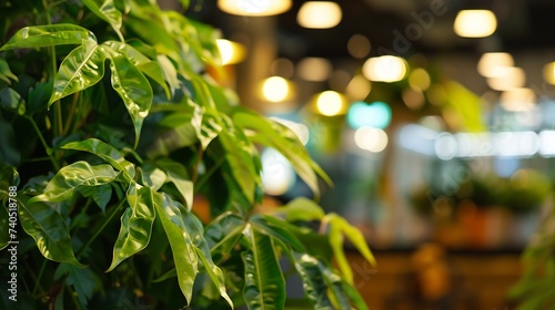 Detail background image of green plant decorations in food court interior lit by warm light, copy space : Generative AI