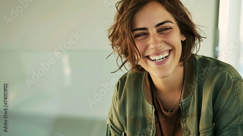 People beauty and lifestyle concept Shot of attractive sensual woman with wide smile dressed in green jacket and brown Tshirt smiling broadly being happy to meet her best friend Joyful : Generative AI photo