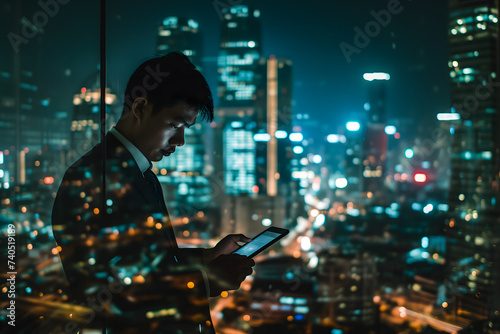 Wallpaper Mural Double exposure of business and a city - Asian businessman using a digital tablet superimposed on a city skyline Torontodigital.ca