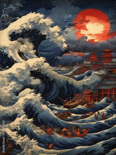 japanese very high ocean wave painting and illustratoion photo