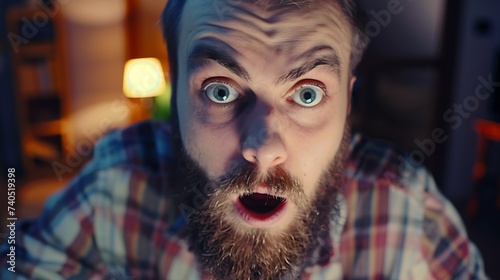 Stupefied attractive young bearded man looks with astonishment into camera being amazed with negative news Emotional hipster guy expresses surprisment doesnt believe his eyes Facial ex : Generative AI photo