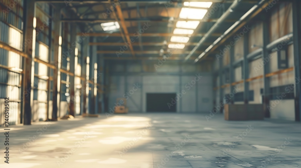 Warehouse interior blurred. Empty warehouse without anyone. Old warehouse interior without shelving. Spacious hangar with metal roof. Storage room with forklift. Rental industrial prem : Generative AI - obrazy, fototapety, plakaty 