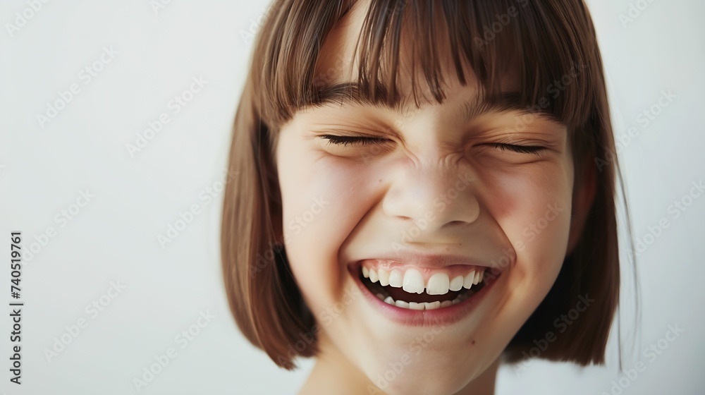 Positive human emotions Headshot of happy emotional teenage girl with bob haircut laughing from the bottom of her heart keeping eyes closed showing perfect white teeth while having fun : Generative AI