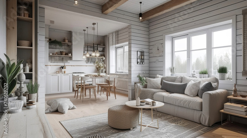 This Scandinavian cottage is the epitome of coziness with its inviting gray and white color scheme and warm wooden accents.