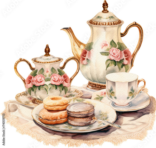 Teacup and tea pot with pink flowers - rose and cherry blossom. Watercolor illustration isolated on white background