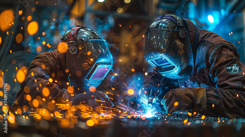 Metal worker at the work, a loyt of sparkle around him