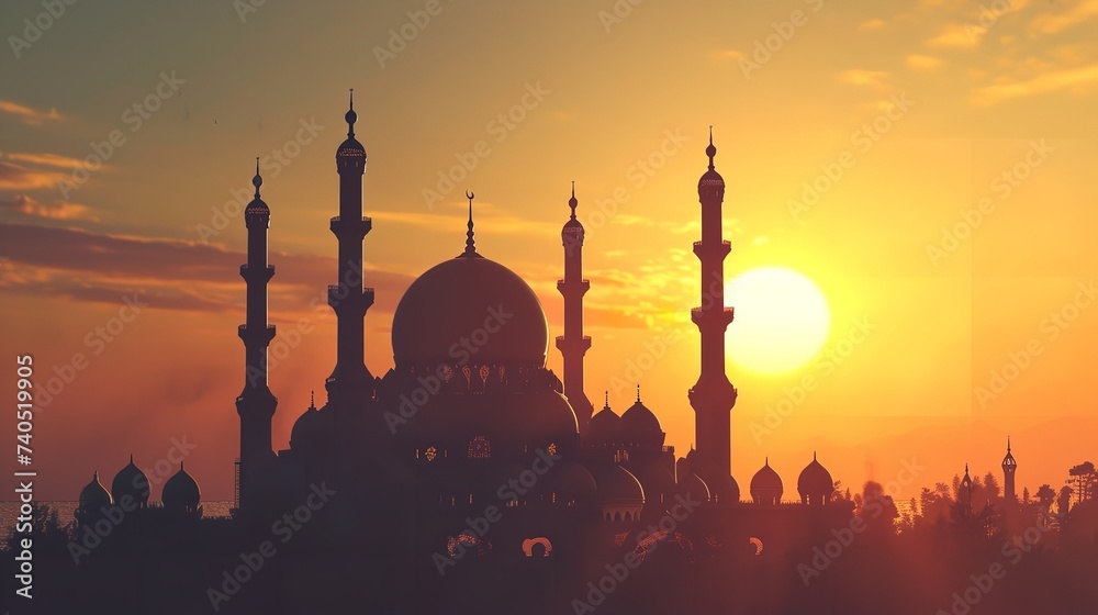 Sunset View of Mosque Illustration - Ramadan Kareem