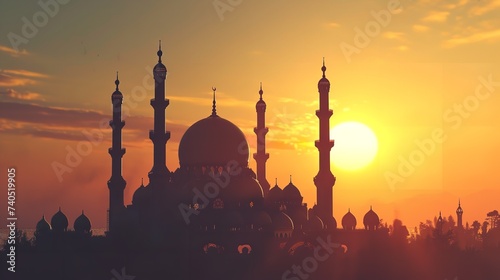Sunset View of Mosque Illustration - Ramadan Kareem