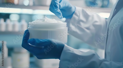 Production and packaging of cosmetics products Cropped shot of factory worker in gloves and gown holding plastic jar filling it with white face or body cream Beauty skincare and cosmet : Generative AI