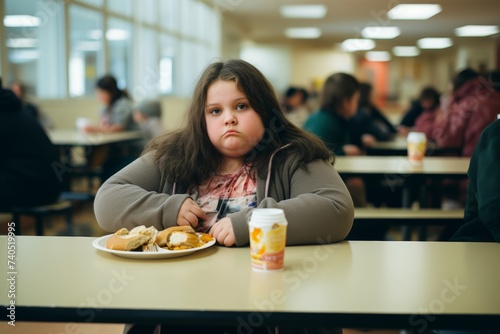 a chubby girl, 9 years old, of Asian ethnicity, throwing a fit in a school cafeteria, upset over not getting his favorite dessert
