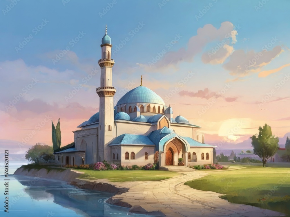 Mosque in the village illustration for background