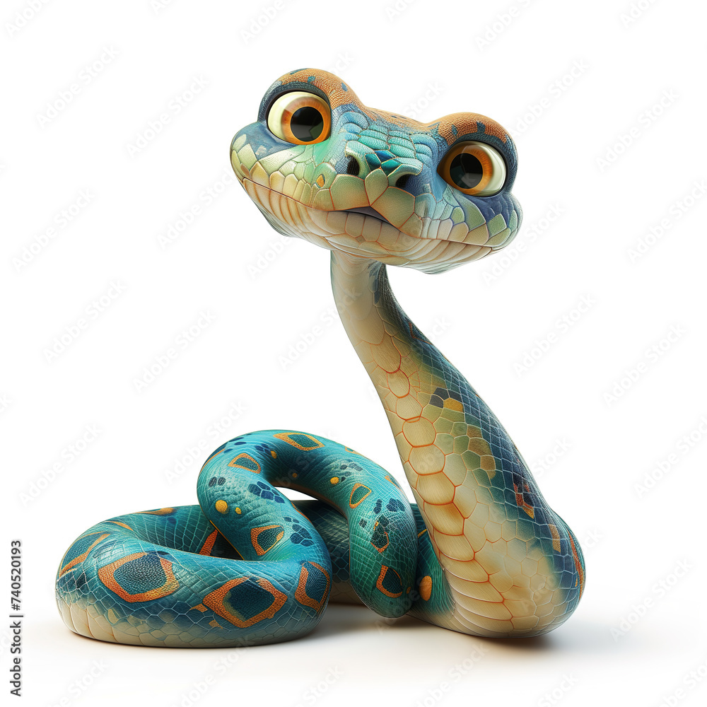 Fototapeta premium Cute curious cartoon smiling snake isolated on white background