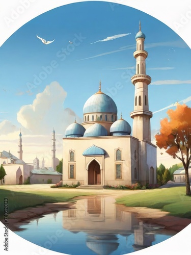 Mosque in the village illustration for background