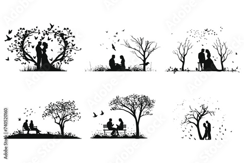 set of Illustrate a silhouette of a couple enjoying a picnic in a scenic park with bird and flowers