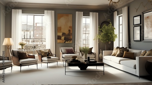 A beautifully decorated living room with stylish furniture  large windows  and tasteful artwork on the walls.